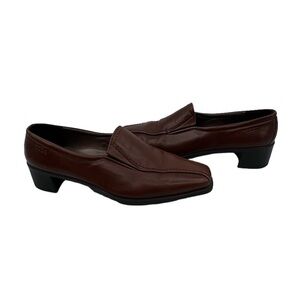 ECCO Brown Leather Square Toe Block Heel Loafers Size 38 Women's